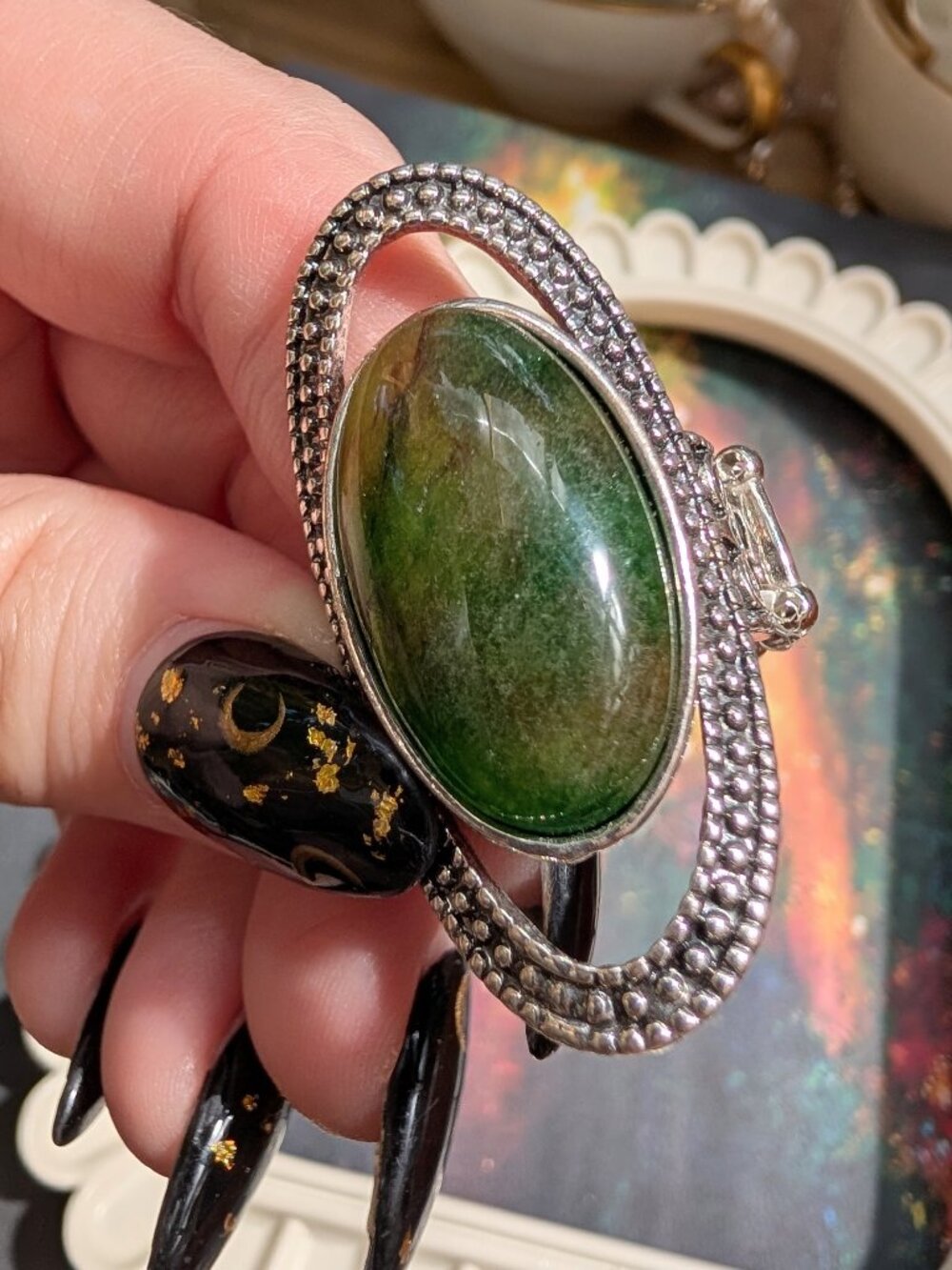 Retro Boho Faux Jade Silver Tone Costume Ring, Elastic Band